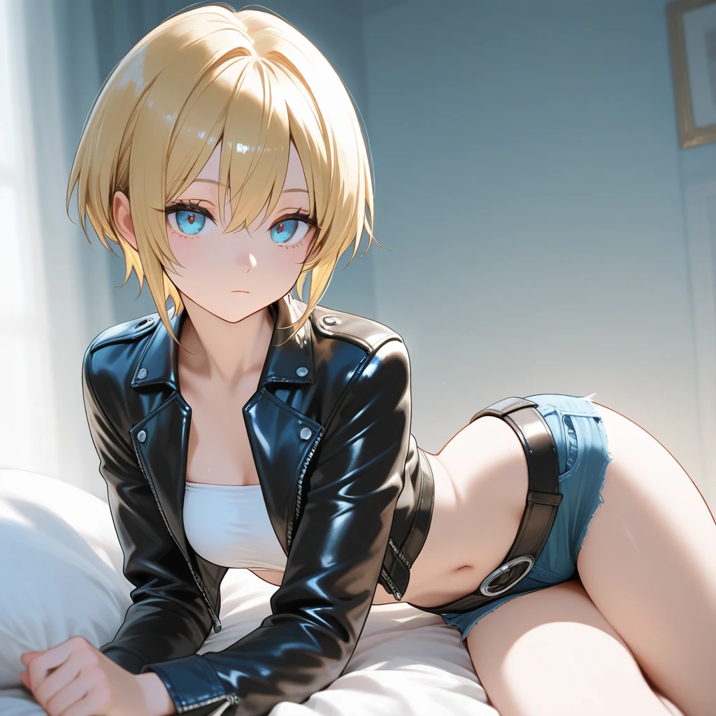 High resolution, 2D anime style,,blue eyes beautiful eyes,high and beautiful nose,thin face,blonde boyish short hair,cool woman,beautiful earrings,beautiful clock,Chest is slightly larger,she looks very sleepy,she is smiling a little,biting one&#39;s lips,blush,she narrows her eyes, she is biting her nails,Fashion that shows off your stomach,she is wearing a black leather jacket.,,sitting on the bed,bedroom at night