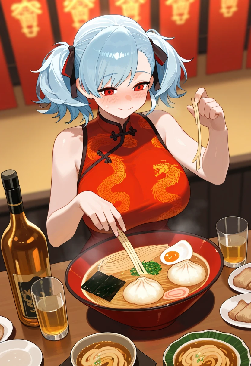 A cute student in underwear and an older teacher eat Chinese food together、Big boobs and small 、A thin cute blue bra、Thin cute blue underwear、Large serving of salt ramen, fried rice and gyoza set meal、Beer in a mug、