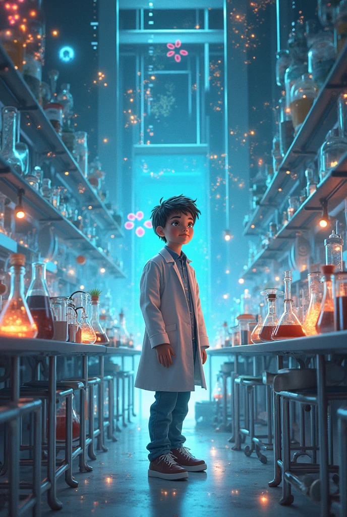 Schoolboy in a chemistry lab. character