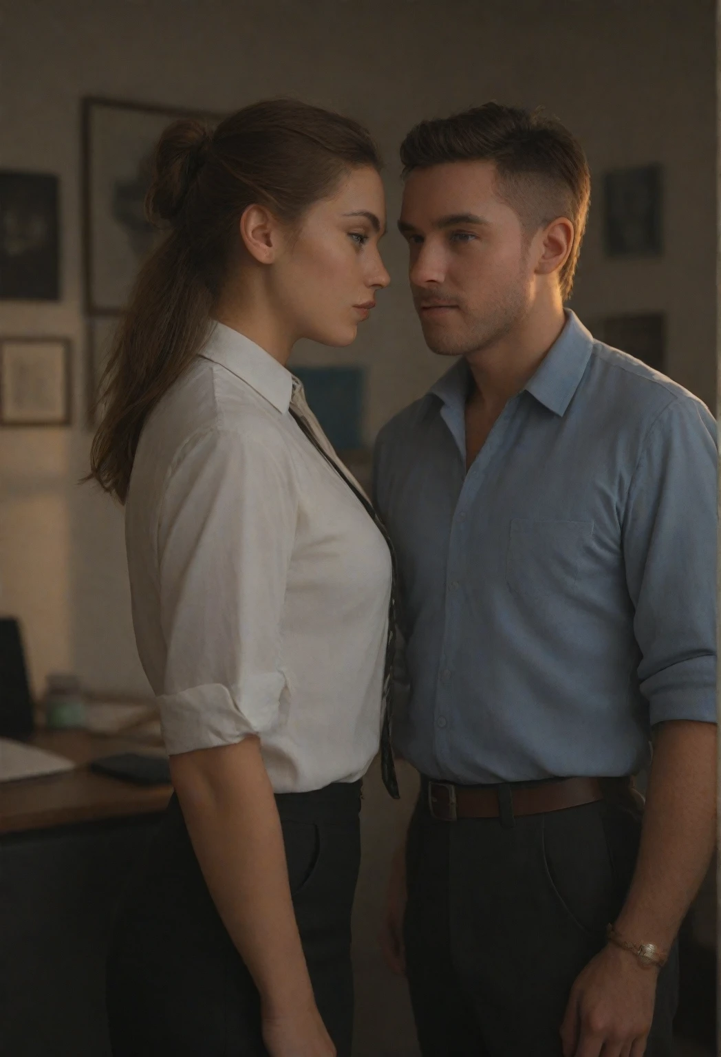 drawing, dramatic, 1boy and 1 girl, close each other, 21 years old perfect body, standing, office outfit, (office) <lora:add_detail:1>
