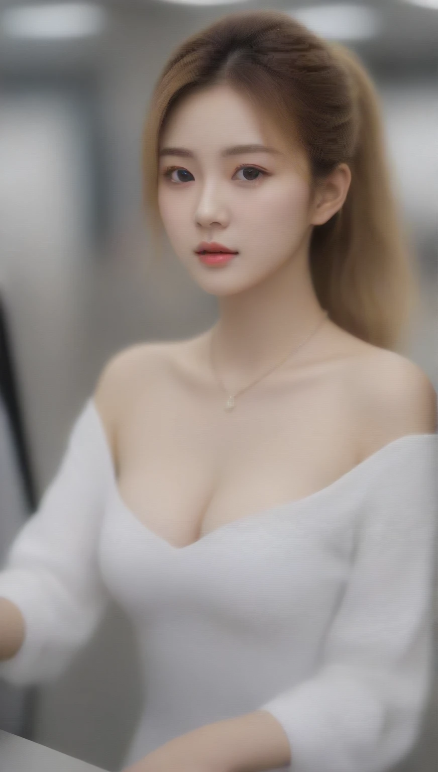 ((Night Scene, Realistic Light, Best Quality, 8k, Masterpiece: 1.3)), 1 Girl, Slim Body Beauty: 1.4, Blonde, Short Hair, (Big: 1.3), Off Shoulder Cut Top: 1.3, Ultra Detailed Face, Detailed Eyes, Double Eyelids, NYC, Times Square, Cleavage, hallow cut hair