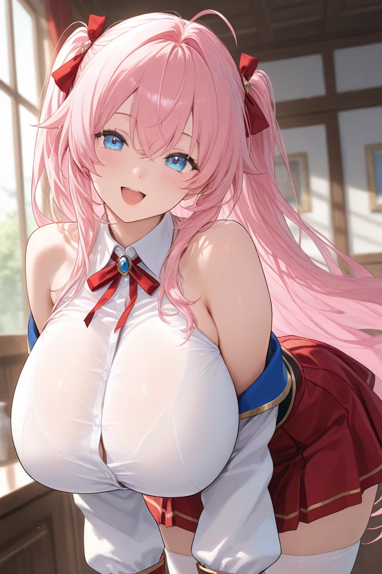 1 girl, Ichinose Fana, 独自of, Chest, 长of_hair, 高抬leg, 紫色of_Eye, garter_Shoulder strap, Split, Smile, 橙色of_hair, watch_exist_audience, two_side_up, 中等of_Chest, sitting, hand_between_leg, clavicle, Alcohol, collar, between_leg, off_Shoulder, blush, labcoexist, Bangs, 模糊of, 棕色of_高抬leg, 波浪状of_hair, skirt, closure_Mouth, 黑色of_高抬leg, Open_clothing, depth_of_Place, red jacket, blue bow tie, 白色skirt, suit,