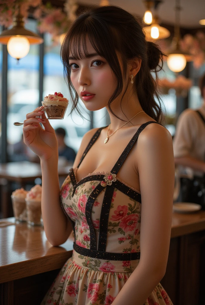 1 girl, small nose, very beautiful detailed face and eyes, bright colors, cute face, delicate beautiful face, Bright magenta eyes, cute eyes, sparkling eyes, Big eyes, (small breasts:1.3), (perky chest:1.1), (pointed chest:1.0), (cake magazine cover:1.1),highest quality, WorKs of masters, High resolution,BlacK color hair,shiny hair, side ponytail,hair between eyes,bangs, (black jacket, real clothes, cleavage, black skirts, black thighhighs, thigh strap, fingerless gloves, single glove:1.2) , spread legs, panties shot, medium hips, glamorous body, white skin, smile, thin pubric hair, super beautiful face, Super beautiful eyes, Super beautiful hair,trendy outfit,sexy and attractive,full body esbian, Real World, Natural light,perfect Natural light,(with sparkling eyes and a contagious smile), This masterpiece is not only visually stunning but also tells, make of cake cooking , in the kitchen, open mouth, looking at viewer,