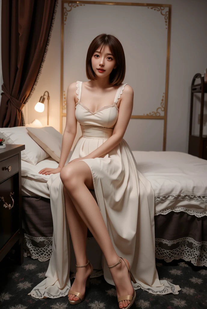 (Highest quality:1.9)、(High resolution)、Live-action image quality、((Neat and clean female college student、1 person))、Soft lighting by a professional photographer、Natural light、((Very spacious white luxurious room:1.6))、((Bright white room:1.6))、(Sitting on a very luxurious white bed:1.2)、(White Bookcase:1.1)、Natural soft light、((Brown Hair:1.1))、Fair skin、Detailed Eyes、double eyelid、Slightly puffy cheeks、((Small Face:1.0))、((Grey knit dress、Please wear it with the chest open.:1.1))、Live-action image quality、(I don't make bangs:1.8)、F cup big breasts、Cleavage、(smile)、((Girly pose 1.8))、((Long hair without bangs:1.1))、((Full Body Shot:1.2))、((Height: 150cm))、Hands in front、Hide your hands between your legs、