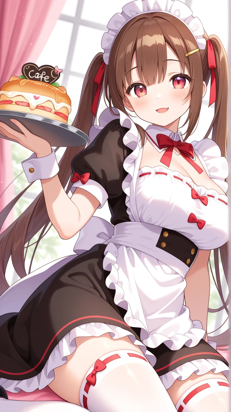 alone, One person, Yunyun, Happy expression、(blush:1.2)、Crown braids of the same color as your hair, Red Eyes、hair ornaments, Hair Ribbon, Pink tie, Black long sleeve, Pink Skirt, Knee socks, Cleavage,Making breakfast in the kitchen、White apron