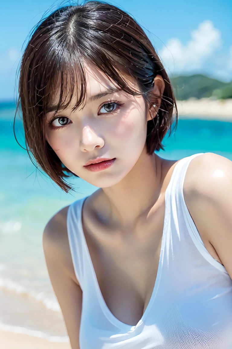 Upper Body, face, Black shiny swimsuit, RAW Photos, Realistic:1.6, quality:1.5, 8k, masterpiece:1.3, Ultra-high resolution:1.0, Sharp focus:1.2, Big Breasts:1.2, Beautiful woman with perfect figure:1.4, Slim abs:1.2, Wet body:1.5, Highly detailed face and skin textures, fine grain, double eyelid, Silver short hair, perfect face balance, cute, 笑face, sunny day, sunset, 150mm, Beautiful studio soft light, Rim Light, Sharp details, ultra-realistic, Octane Rendering, Beautiful skin in every detail, Realistic Skin, At the Beach, sunny day、Sexy pose、gal、bionde、Japanese