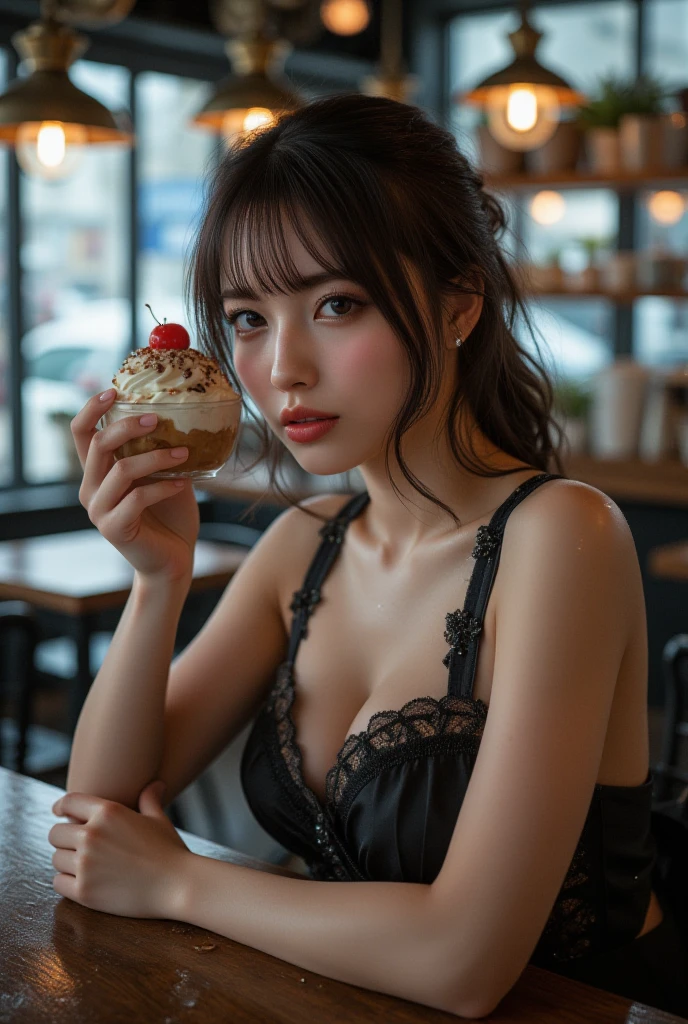 (tight focus:1.2, from above),(from side:0.9), ((cute Face)), (Close-Up:0.6), ((holding a icecream)),(Military uniform magazine cover:1.4), highest quality、(real、photorealistic:1.5),(ultra high resolution, 8K RAW photo, clear focus), best qualtiy, natural lighting, field depth, (Bright pupils, detailed beautiful eyes, high detailed face), Red lip, sexy posing, seductive weak smiling, Looking at Viewer, Cinematic lighting, Perfect, softlight, High resolution skin:1.2, Realistic skin texture, body tired from sports、26 years old mature woman、a small face、beautiful-makeup、Makeup light、Shortcut Hair、dark brown hair、Bust A Cup, Amazing Cleavage:1.2, thin waist, big ass, Raised sexy, big breast: 1.2 posed cleavage:1.2、off shoulders、black Sportsbra、legginullnude,famous cafe background in italian,looking at viewer,