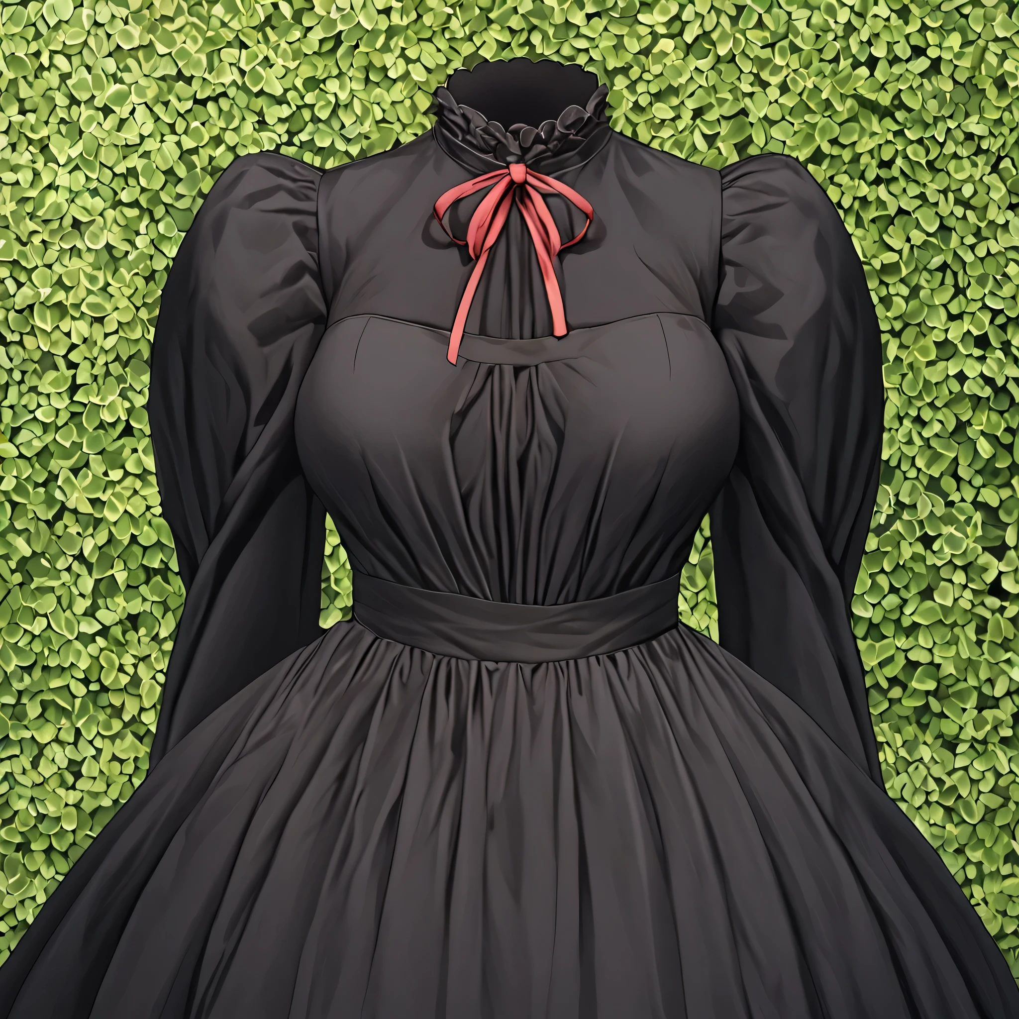 black dress, dress, long dress, long sleeves, juliet sleeves, in garden, (invisible:1.5, no humans:1.5, headless:1.5, faceless:1.5), cute big huge breasts, detailed cloth texture, extremely details, close-up to breasts