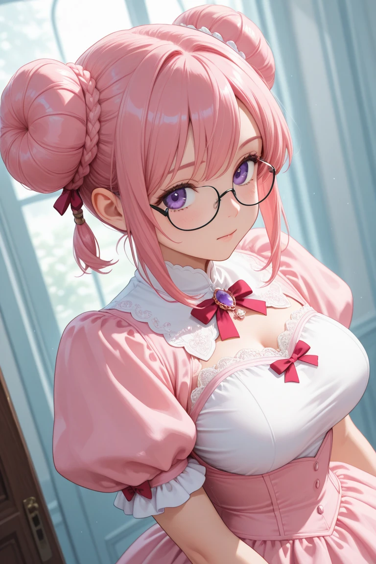 masuter piece、Soft smile、Curly hair、natural, brilliant light and shadow、Realistic、thick reddish lips、very large vertical eyes、3 times more eyes than normal,,、Highlights the hair cuticle、fullnude、Little Girl、Huge drooping、Real 3D Anime Style、Red-rimmed glasses、Pink hair、Gentle face、smil、32K、Sareme 、Sexually inviting gestures(Stick your butt out and show off your pubic area)Precise pubic area、Blushing cheeks、Crystal clear light blue eyes、The corners of the eyebrows are lowered、Back angle、Hyper-detailing、accurate arms(One tree grows from the left and right)、 with protrusions,Big round buttocks