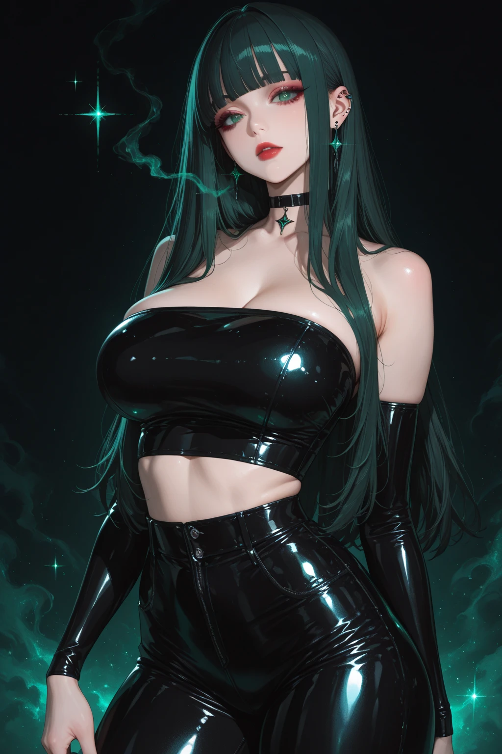 From below，Woman in dark green tight latex clothes，byself，Stand up，Hands were hoisted，（（gigantic cleavage breasts）），Huge stacked breasts，The kinky is exposed ，The kinky is exposed ，（Surreal breasts ）（（Extremely full breasts）），（（Super large）），Big breasts Thin waist，（（（Extremely large breasts））），worried expression，seductiv，，