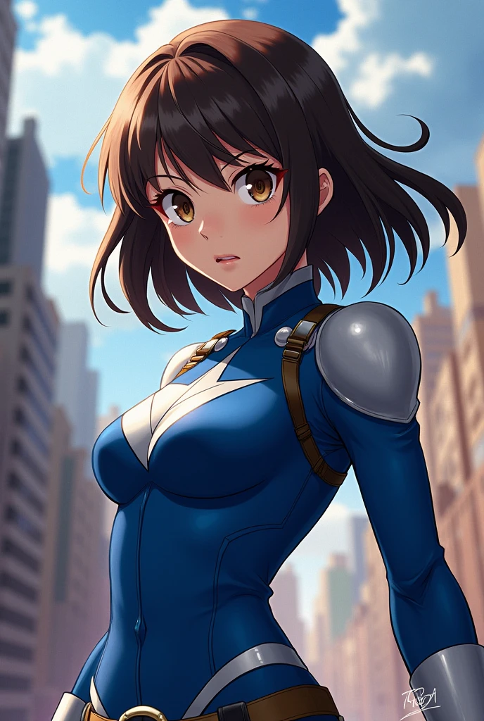 1girl, medium breasts, leotard, bare legs, gloves, boots, superhero, standing, hands on hip, city backdrop, (beautiful detailed eyes:1.6), (perfect hands, perfect anatomy), kumiko oumae, smile, medium hair