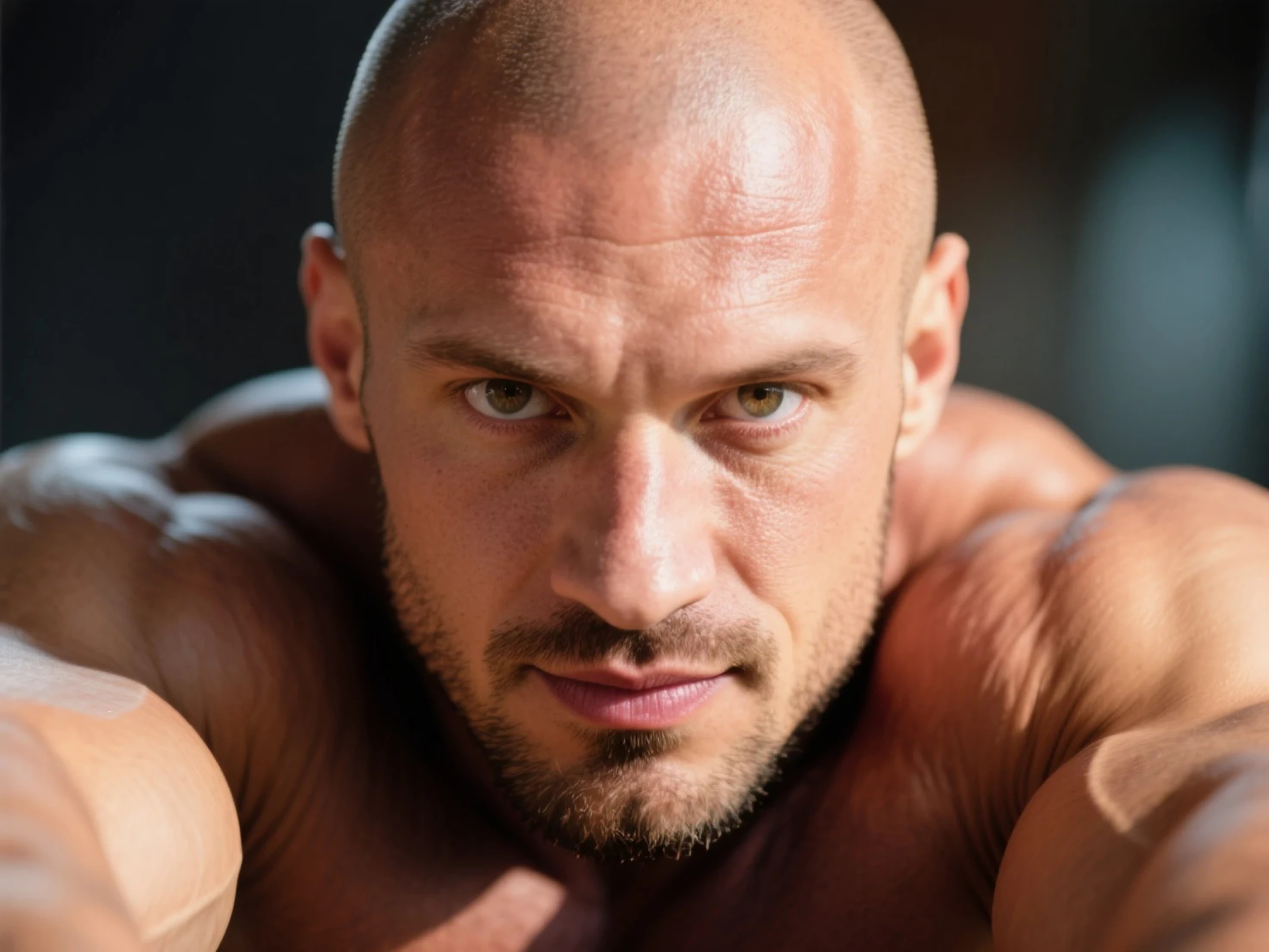 ((8k ((best quality)), ((masterpiece)), (very detailed), real face bald male muscular male full body wear by white wall