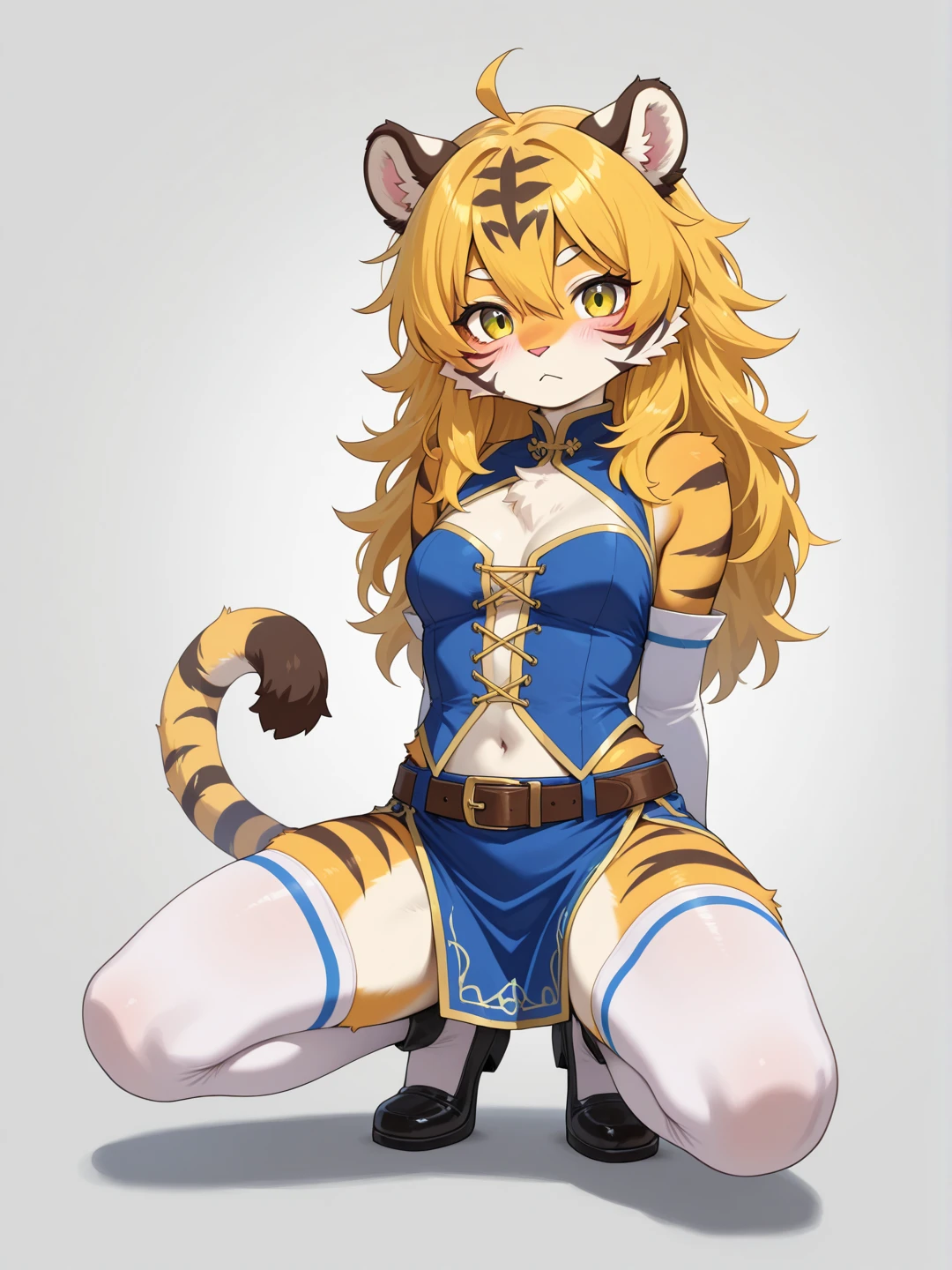 mirrorless, bokeh, extreme quality, detailed photo of a compassionate girl, colorful, original character, exceptional, (tribal clothes), fashion, (styled), long hair, messy hair, (blonde hair), 8k, (anime wallpaper), rare, pale eyes, (upper body:0.8), natural body, limited palette, (detailed hair:1.13), (black outlines), (detailed skin), (tiger girl:1.3), (by Nökkvi Eliasson:1.3), (by George Worsley Adamson:0.7), (by Morishige:0.6)