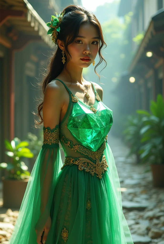 Chinese girl with coins gold , thick body, curvy body, curvy waist, big breast, white skin, gorgeous costumes embroidered with intricate embroidery, exposed breasts, flowing tulle, transparent long colorful ribbons tied on the arms, inspired by chinese movie, showing navel, bare shoulders, bare neck, hair in a high bun with flower hairpins, ribbons on arm rings, wreaths, bracelets, anklets, high heels, metal chain tassels on the waist, Mogao Grottoes art, ink painting, cgstation pop, in the city, ((fullbody)), ((super realistic)), green, green, green