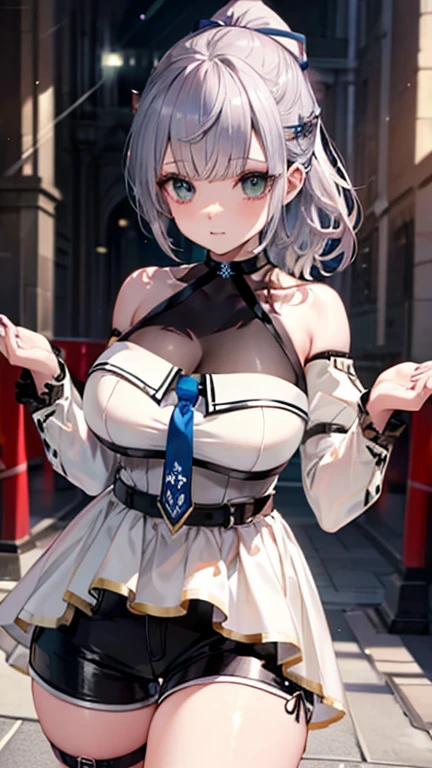 (Highest quality:1.2), (Very detailed:1.2),(masterpiece:1.2),(8k:1.2),(Blessed,Captivating body、Extremely elaborate hands、Very beautiful eyes、Very detailedな肌、Very detailed顔,Detailed Background), (Arnoel, Medium Hair, Green Eyes, hair band, Blue Collar, Shoulder Armor, Cleavage, Mole on chest, Dress in Armor, Chest belt, Gold border, Fingerless gloves, Black gloves, Tea belt, Pouch, Pelvic Curtain, Black knee socks),rainbow