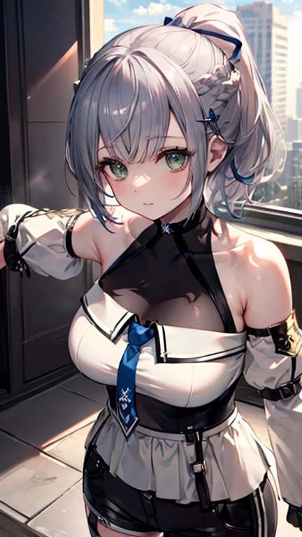 silverwolf、blush,smile、Combat Uniform、Please show me your armpits、Shoulder Bare、The clavicle is visible、Sexy thighs、Beautiful legs、Usual hairstyle、Highest quality, High resolution, unity 8k wallpaper, (shape:0.8), (Beautiful and beautiful eyes:1.6), Highly detailed face, Perfect lighting, Highly detailed CG, (Perfect hands, Perfect Anatomy),
