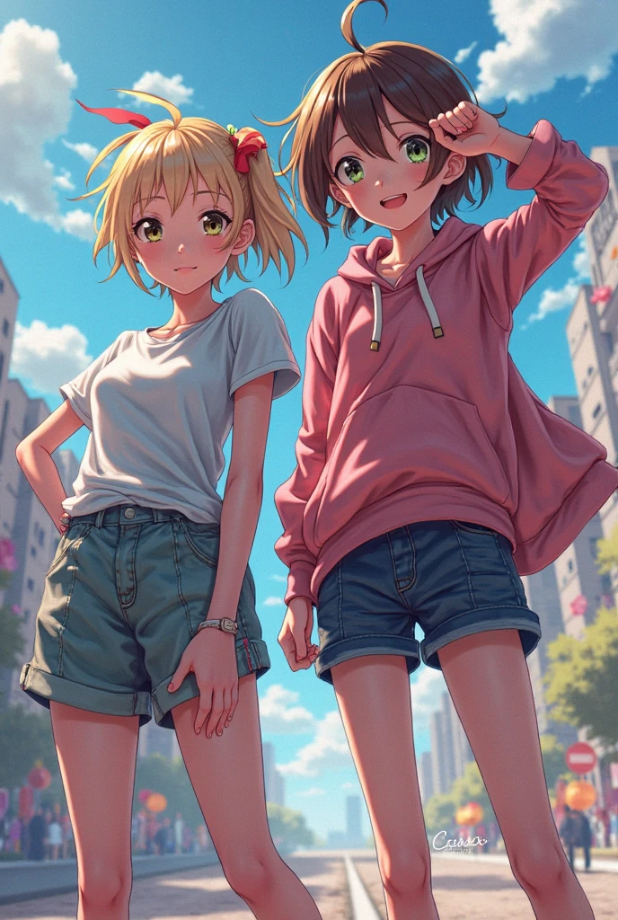 2人の女の子(,young girl ,short stature,gyaru)) ,flat chest,nsfw,,big head, ,black hair,twintail,.,street,evilsmiling,stand