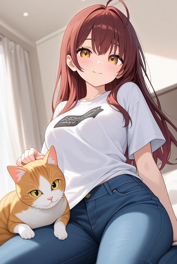 1 ebony girl with red cat ears, curly hair, red haired, wearing a black thigt t-shirt, denim jacket, denim pant and black sneakers, having a big breast and big thights