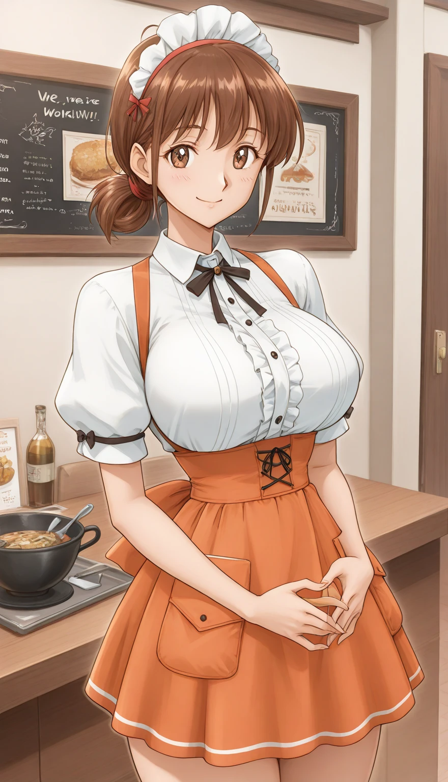 anime style,high quality,super quality,perfect face,from right in front,looking at the camera,14 years old,brown eyes,smile,brown bob hair,big breasts, stand up,Outstanding style,droopy eyes,innkeeper&#39;s daughter,smile,