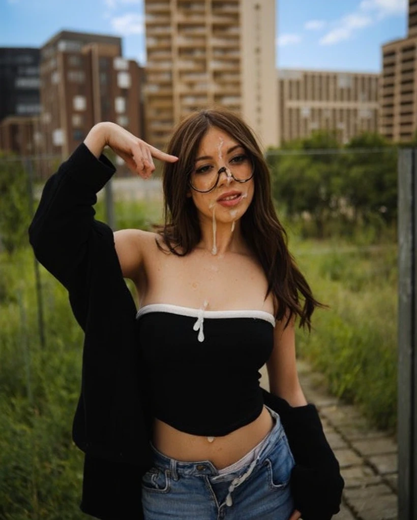professional portrait, goth girl, velma from scooby-doo, a girl wearing eye glasses and an orange top, gorgeous figure, interesting shapes, hyper realistic, ultra detailed photograph, wearing an off shoulder slim sweter, detailed gorgeous face, natural body posture, captured with a 85mm lens, bokeh, ultra detailed, ultra accurate detailed, bokeh lighting, surrealism, urban settin, ultra unreal engine, intricate, epic, freckles, goth style mood, dark eye makeup, in the style of jessica drossin, dima dmitriev, life-size figures,