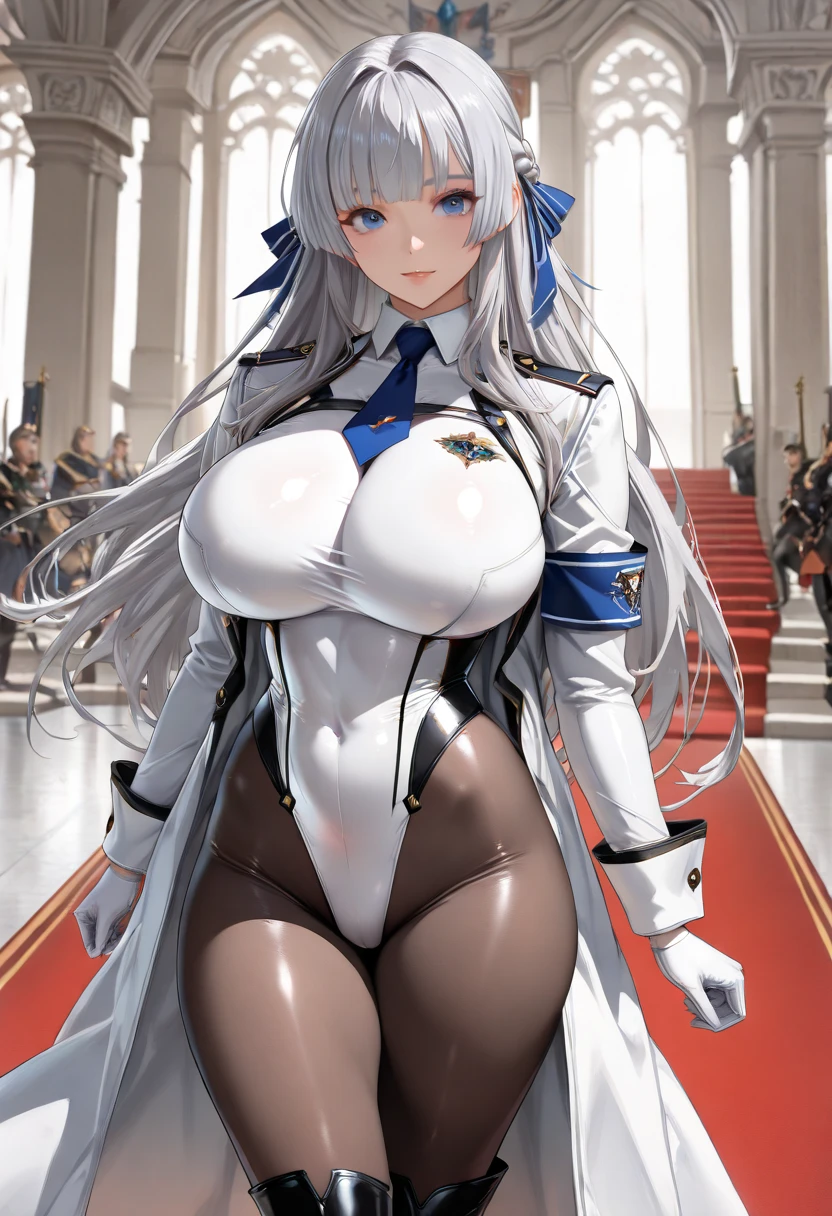 req: ltall athletic adult woman with (white neko ears), and long white hair with colorful holofoil details, she has a mature (human face) with bright blue eyes and a serious thoughtful expression,  BREAK fully clothed with a long coat, a hat (between her white cat ears), and a formal navy dress uniform that covers her strong thighs BREAK standing in a battlefield trench with a dynamic pose, calling out orders to her cyborg knights with a dramatic gesture