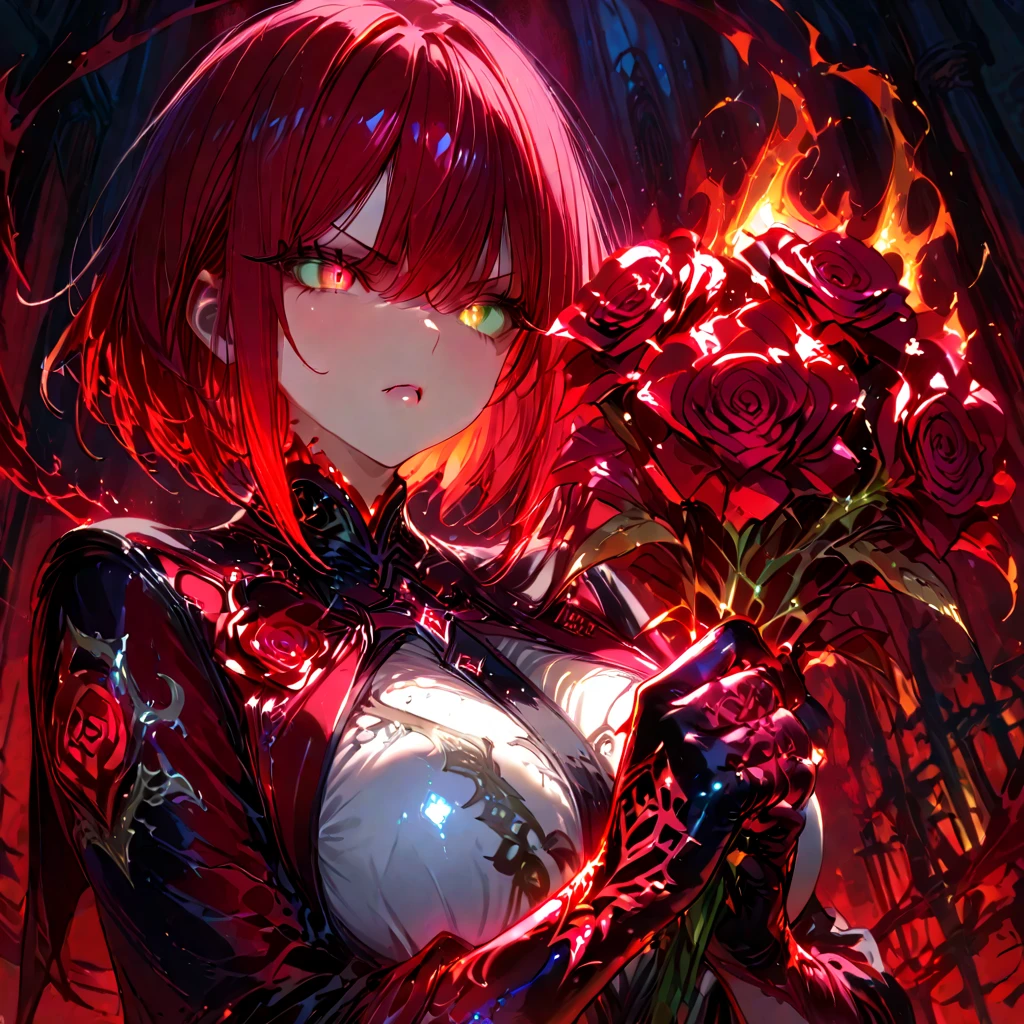 （only one person），Dark sky，heavy rain，Red lightning，dark clouds，(Battle damage)，Flowing hair，Sexy women