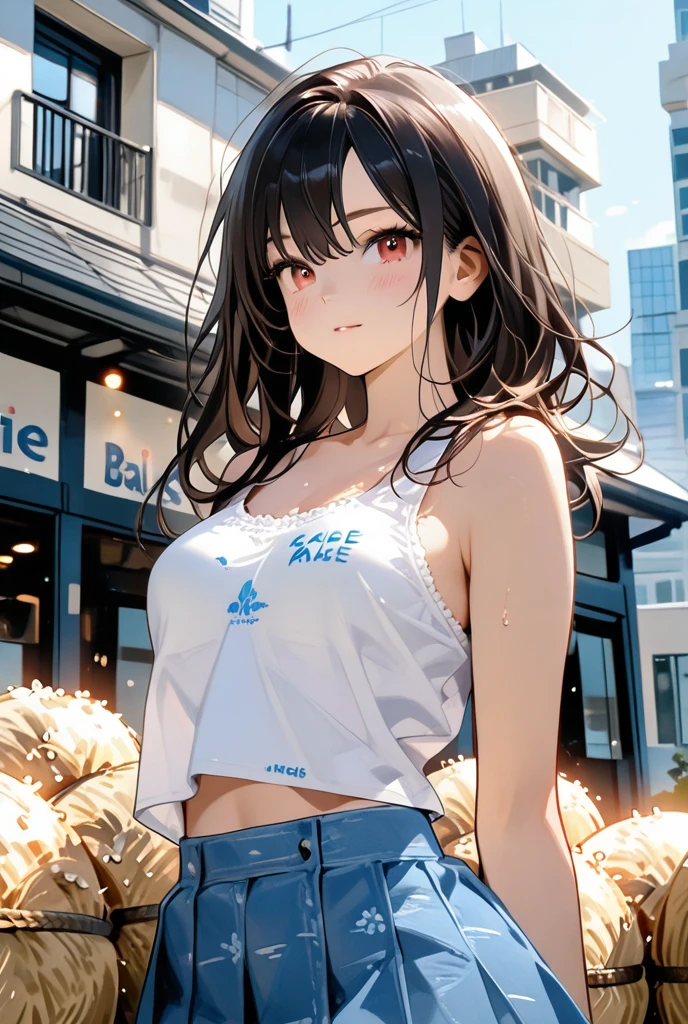 1girl in, Photo models, Smile, focus on viewer, Beautiful lighting, Best Quality, masutepiece, 超A high resolution, Anime style, Black hair, Short tank top, Short pants, Long stockings, medium breasts, White skin,( Sunset background:1.4)