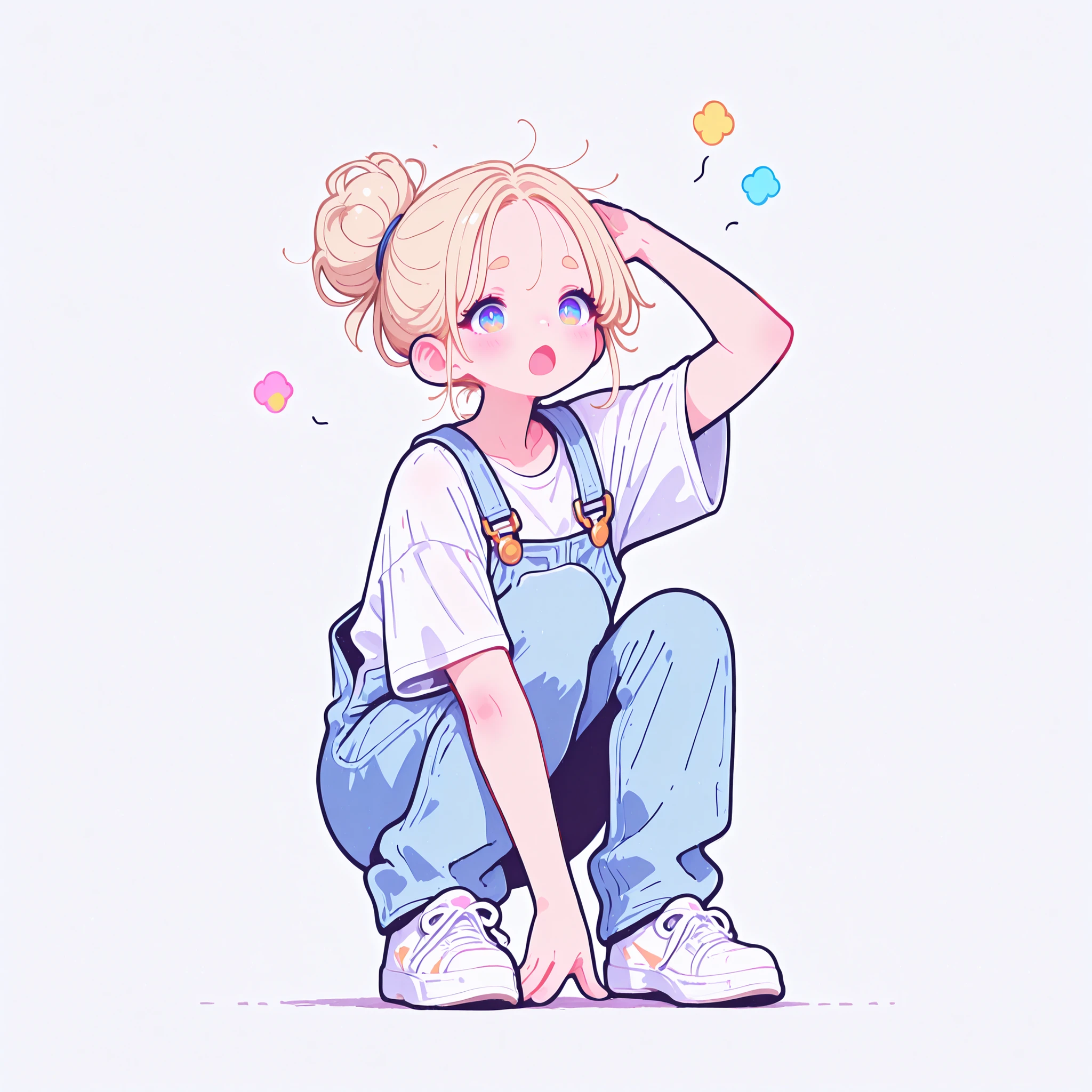 masterpiece, best quality, ultra detailed, high resolution, intricate details, sharp focus, smooth shading, professional lighting, vivid colors, clean lineart, anatomically correct, beautifully detailed eyes, no artifacts, 1girl, full body in frame, simple white background, ash blonde messy bun, ash blonde hair, confused expression, furrowed brows, tilted head, slightly open mouth, light blue eyes, loose white t-shirt, denim overalls, canvas slip-on shoes, eye level, direct gaze, scratching head, shrugging shoulders slightly