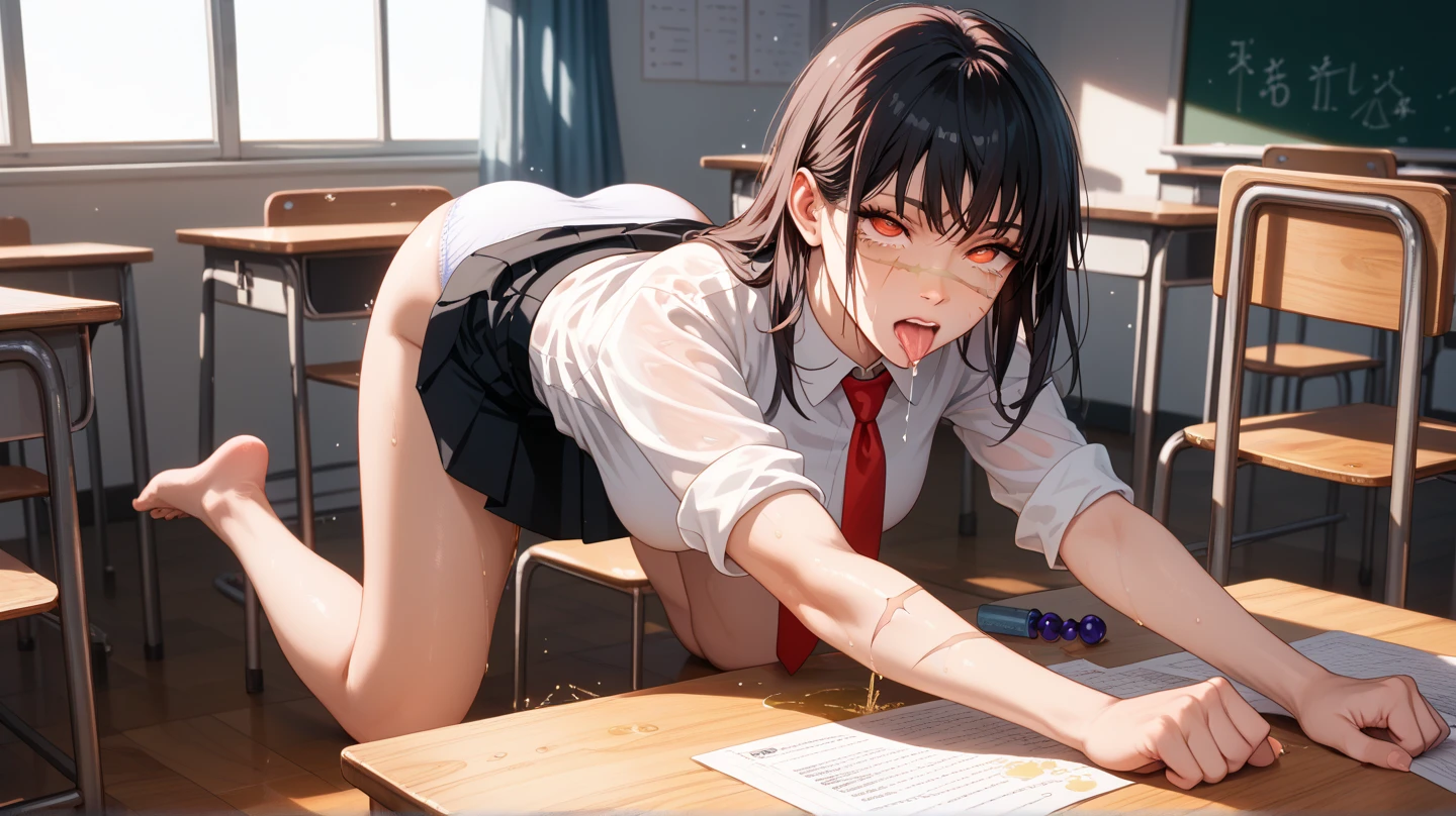 (Photorealistic:1.5), (masterpiece、Highly detailed 8K CG、Sharp lines:1.4), (deep focus:1.7), Smooth Anime CG Art, Beautiful anime girl, (20year-old beautiful girl:1.5), Detailed skin, (gleaming skin:1.7), short-hair, (Beautiful black hair:1.2), brown Eye, (many streaming sweat:1.0), (slim:1.4), (full body:1.5), (student clothes:1.5), solo, (one girl:1.4), (Inside the classroom:1.4), (blush:1.5), (anguish:1.4), (open mouth:1.4), (Lots of clear drool overflows from her mouth and drips from her chin.:1.2), (half closed eyes:1.0), (crying:1.4), (short sleeve:1.2), (a sailor suit:1.6), (looking away:1.3), (flat chest:1.4), (Dark blue pleated skirt:1.7), (from side:1.1), (all fours:1.8), (many Tentacles clinging to her:1.5), (White socks:1.4), (brown loafers:1.3)