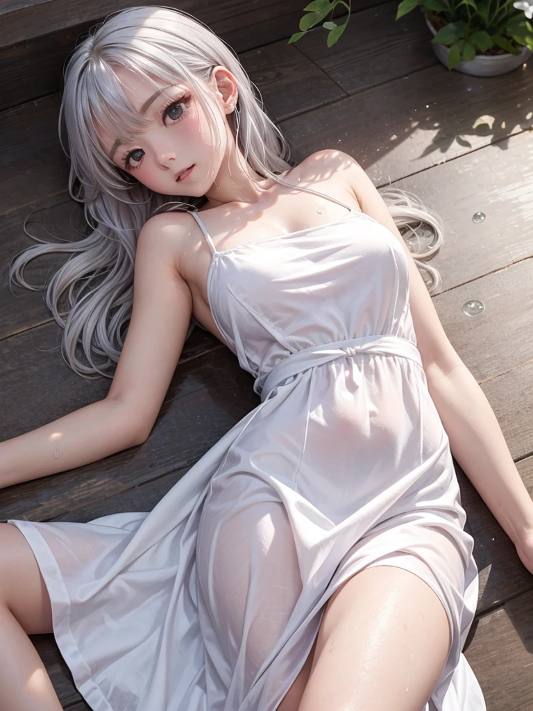 masterpiece, best quality, absurdres, perfect anatomy, 1girl, solo, FernFrieren, very long hair, purple eyes, (purple pupils), white dress, black robe, large breasts, outdoors, forest, sitting, rock, bed, window, a transparent dress, a transparent dress that fits snugly around the waist, the palm includes 5 fingers