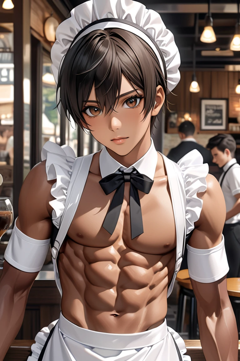 high quality, detailed, Realistic, (19 years old japanese idol maid boy), (detailed black eyes), (black short hair), (abs:1.5), (shiny skin), dungeon, apron, head dress, (tiny thongs), (bulge:1.2), candle, (detailed nipples), detailed areola,