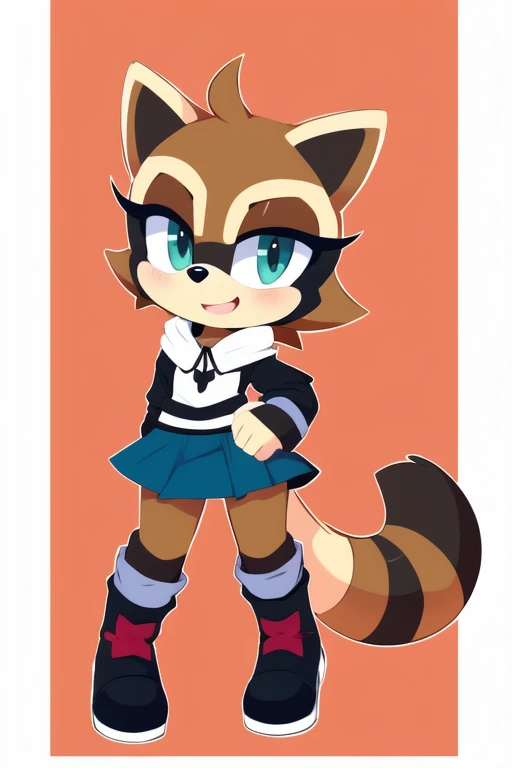 Little slim female raccoon with nice big thighs and cute blue eyes and is wearing a short dress with a full body mini skirt and is .