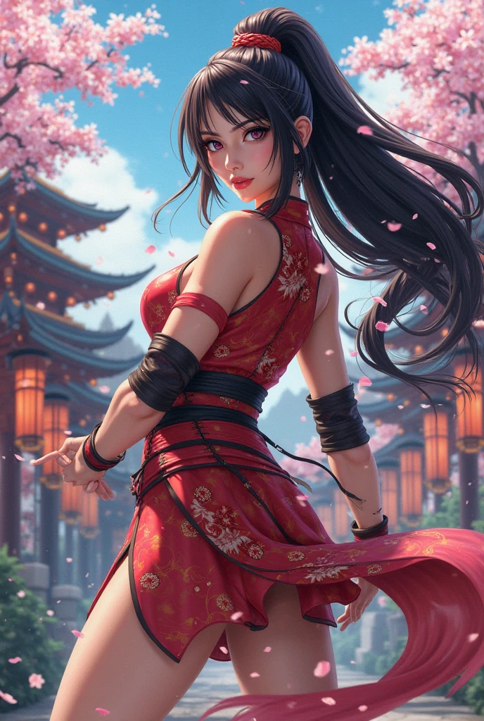 Highest quality 8K Japanese Beautiful Girl Fantastic World Fantastic costumes Fantastic Background Long shot whole body Fantastic Building Fighting stance Sweat gushing forth Fight the enemy monster