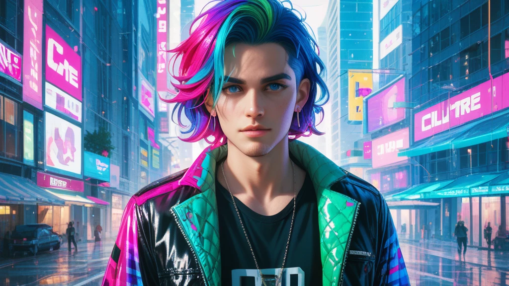 Male character with very short, slightly spiky rainbow hair, white flashes of light from the eyes. He has a rainbow jacket with colorful details.