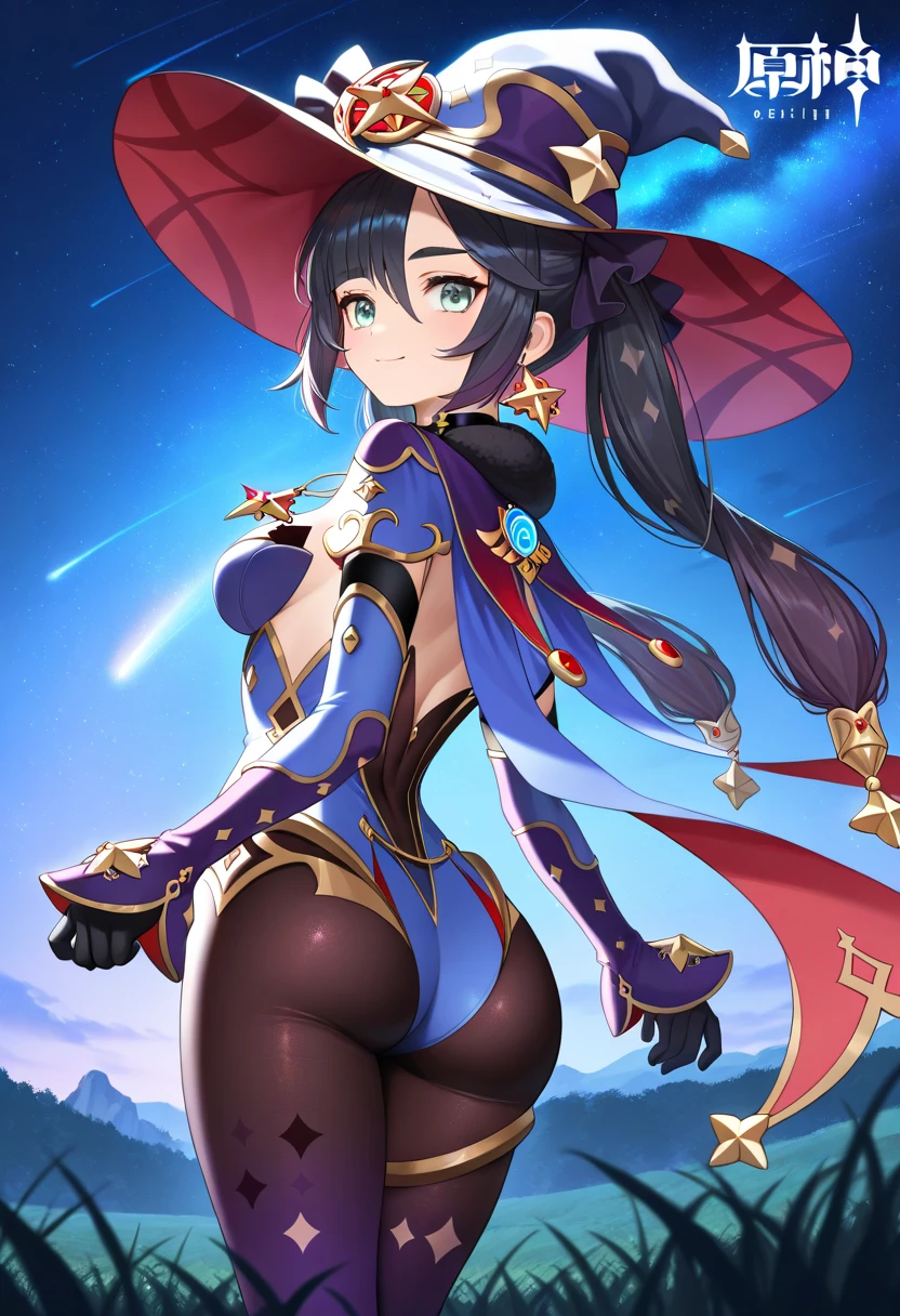 ultra detailed game CG, (High resolution:1.1), (absurderes:1.1), Best Quality, Ultra high definition, The highest resolution, Very detailed, Highly detailed face, 1girl in, Solo, Mona_Genshin, default_Dress, Witch Hat, Twin-tailed, Ass, From below, Meadow at night, a moon