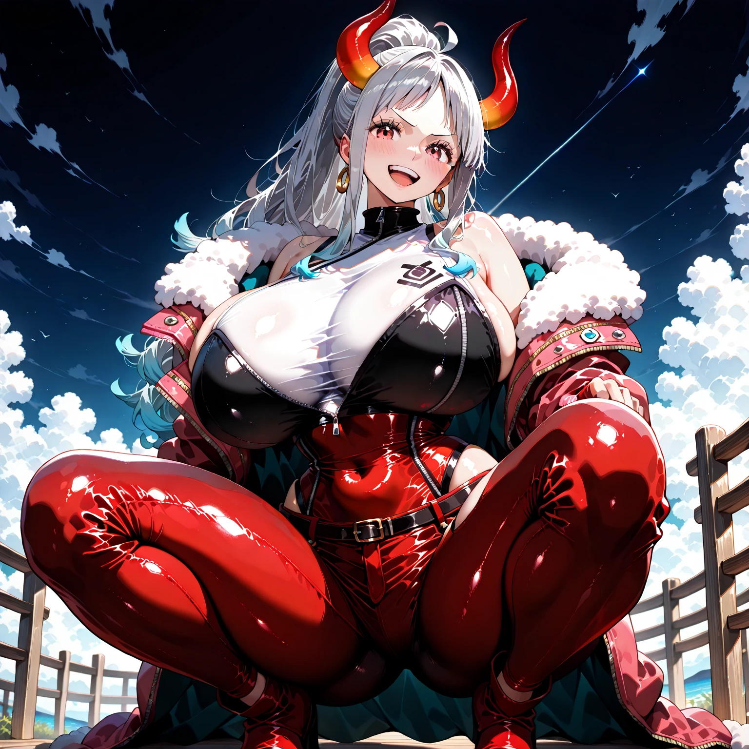 ((ultra realisitic)), ((picture-perfect)), ((face perfect)), ((ultra detaild)), ((fully body)), ((perfectbody), a young woman with horns around her head of white hair with red highlights smiling floating above a city, in revealing clothes