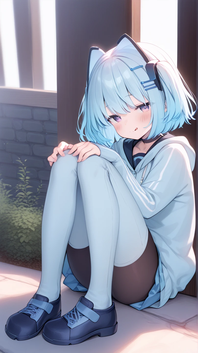 anime girl with white hair; with a red and purple eye; with cold personality; with a blue hooded jacket, blossomed; a white sweater underneath; black shorts with a white stripe on the sides; pink slippers; and white stockings that cover part of her legs, visible between his shorts and slippers.