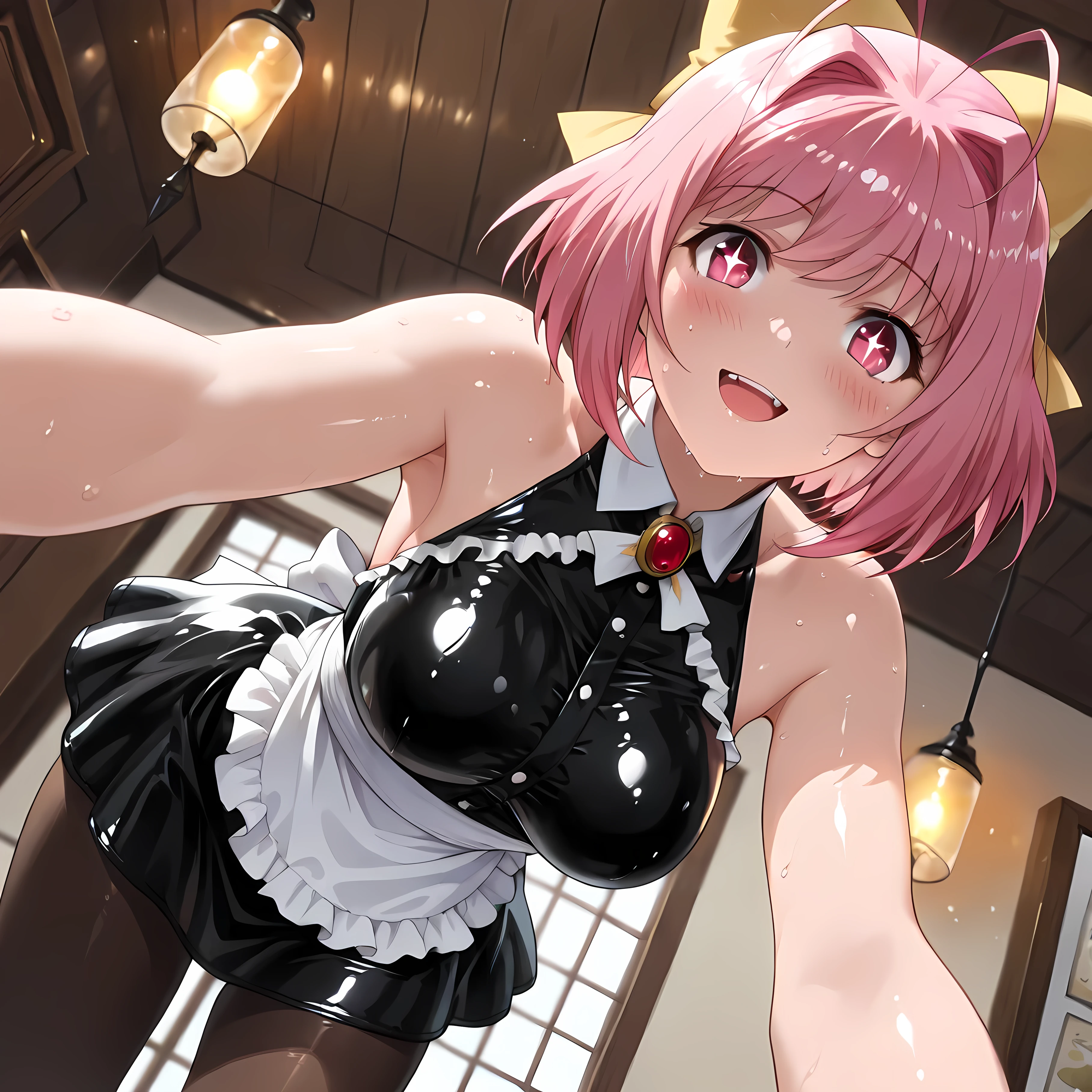 doggystyle, from side, 1girl, 1boy, sex from behind, maid, pink hair, short hair, large breasts, frill, black pantyhose, slender, gleaming skin, (embarrassed:1.3), smile, heart-shaped eyes, (nippless out:1.3),spread legs, (after sex:1.3), drooling, open mouth,
