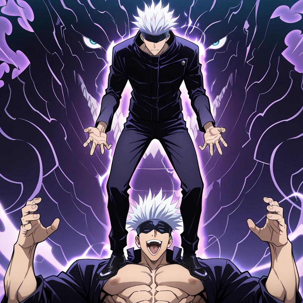 masterpiece, best quality, amazing quality, very aesthetic, high resolution, ultra-detailed, absurdres, source_anime,detailed,hyper detailed,insanely detailed,newest,official art,Flat color
BREAK, (Gojou Satoru, Jujutsu Kaisen, black blindfold, Jujutsu Kaisen uniform, white hair, short hair, cool, trained body, muscular, black jacked, black pants, black shoes) ,flying on a shadowdragon, purple and black shadowdragon