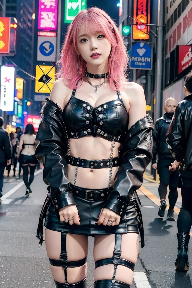dressed in punk clothing, dressed in crustpunk clothing, Cybergoth, small udder、The nipple is visible、Pink