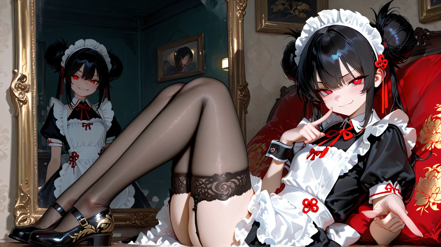masterpiece, ultra detailed, 8k portrait, RAW photo, portrait photography, highly detailed face, beautiful and meticulous eyes, dark blue hair, long hair, blue eyes, slender, white hair ribbon, (dark blue French maid costume:1.5), white tights, half boots, spread legs, standing, (holding a giant sickle:1.5), by the old castle, in mid night, from below, (no panties:1.5), (realistic pussy:1.5), pubic hair,