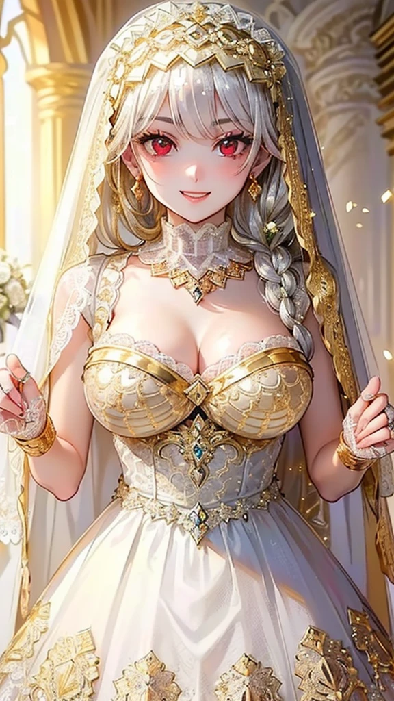 ((Anime Art Style)),(masutepiece),(Best Quality), (Super Detail),(Highly detailed CG Unity 8k wallpaper),((Very delicate and beautiful)),1 Lady,((Full body portrait)),((Stand in the garden)),((Solo)),(((One princess in a very gorgeous Rococo princess ball gown and a voluminous full-length hoop skirt adorned with gorgeous embroidery and jewels))),(((Giant Crinoline Hoop Skirt))),Long Train,((Gorgeous embroidery and jewelry)),voluminous ruffles,(((very very gigantic boobs,Skindentation))),cleavage,((Very long straight hair,Very voluminous straight long hair,Very long straight hair)),(finely detailed face and eyes),((Seductive smile,embarrassed)),Beautiful eyes like jewels,Very gorgeous hair ornament,(A very gorgeous tiara adorned with sparkly jewels),((Glitter Gorgeous Gemstone Jewelry)),Gorgeous Long Veil,((ultra long gloves)),(Beautiful background),(Full body),((Very gorgeous Rococo princess ball gown with gorgeous embroidery and jewels and voluminous full-length hoop skirt))