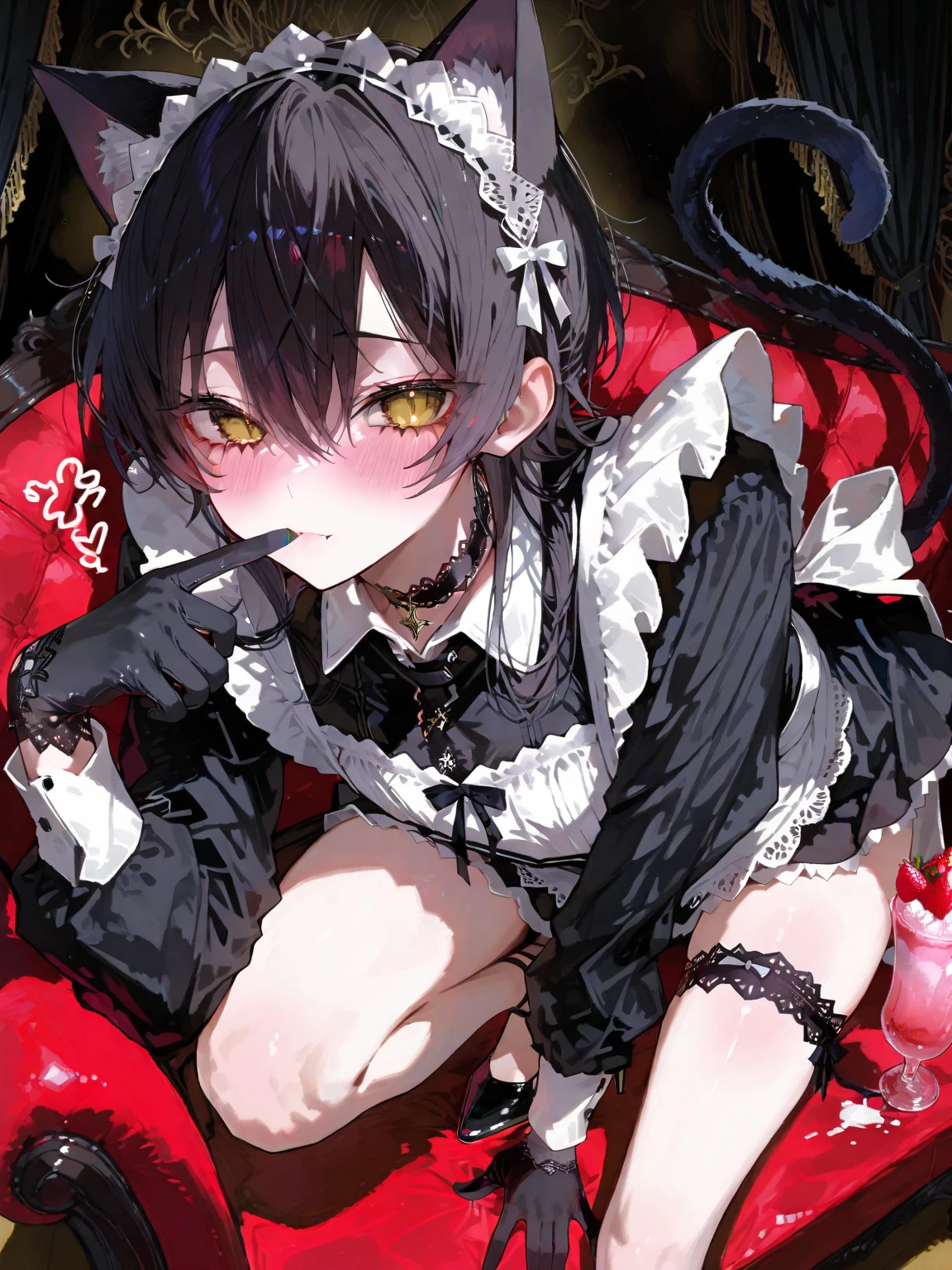 Black Cat、Cat girl、Maid costume、Amber eyes、On the bed、Shy
