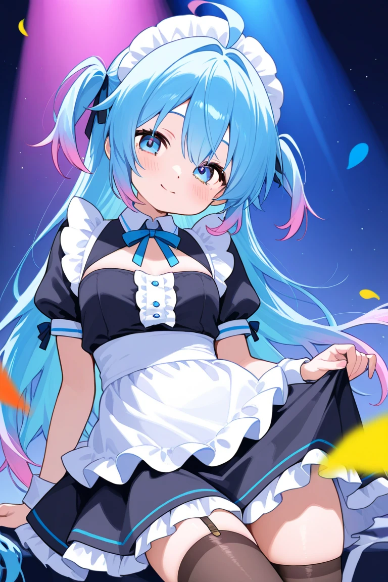 high quality,masterpiece。Cute blue haired human crossdresser,His hair is in long twin tails。He stands upright with his face and body facing the viewer.,True Identity。His hands are empty,Don't move your hands。he looks like this 。His chest is flat,Good style。He is smiling with a cute face,Eye color is blue,Both are the same color。Magical Girl Costume,Costumes with flashy designs such as ribbons and frills,The costume has a white and light blue color scheme..。スカートはmini skirt,両手にLong gloves,Long socks on both feet,mini skirt, Long gloves, The long socks are all white.。He stands,You are standing indoors。