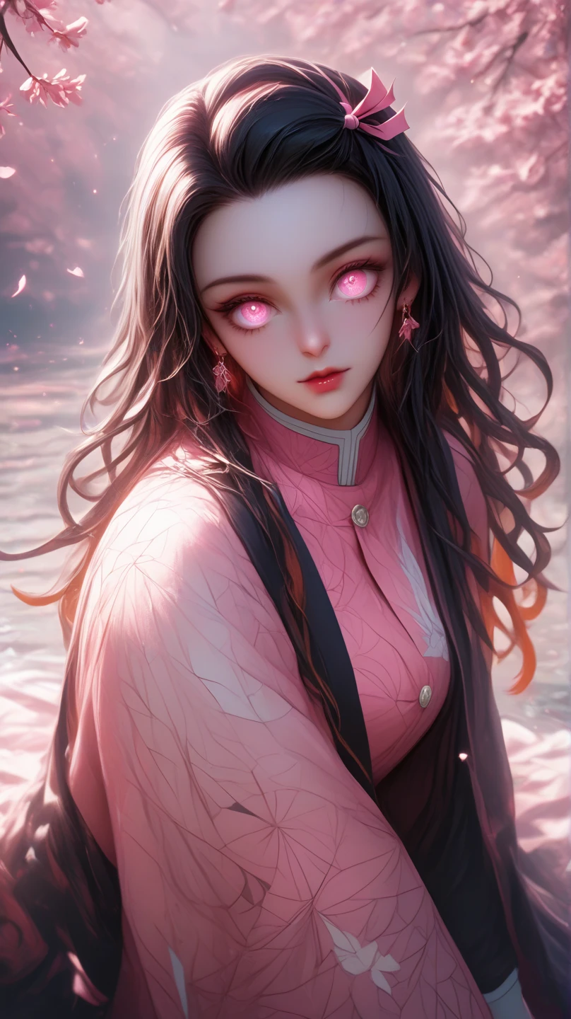 masterpiece, photography, realistic eyes, best quality, gag, gag, bamboo, beautiful lighting, cinematic, 8k, 1girl, facial, cum on face, wet face, liner, vampire, wooden walls, medium tits, kamado nezuko, little horn, pink eyes,