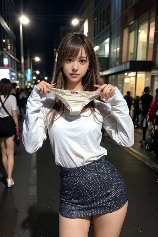 ((((People on the street in the background々does not show underwear))))(((Lift the skirt with both hands)))Whitish panties,((Never take off your underwear:1.4))((best qualtiy, 8K, tmasterpiece:1.3)), sharp:1.2, Perfect figure beautiful woman:1.4, Slim abs:1.2, ((Layered Hair Style, Huge:1.2)), (Long shirt with buttons:1.5),(Street:1.2),(((Lifting the skirt with your own hands:1.5))),Highly detailed facial and skin texture,A detailed eye,二重まぶた,A sideways glance at the camera,open-shirt,Sweet smile,((People in the background do not show their underwear))