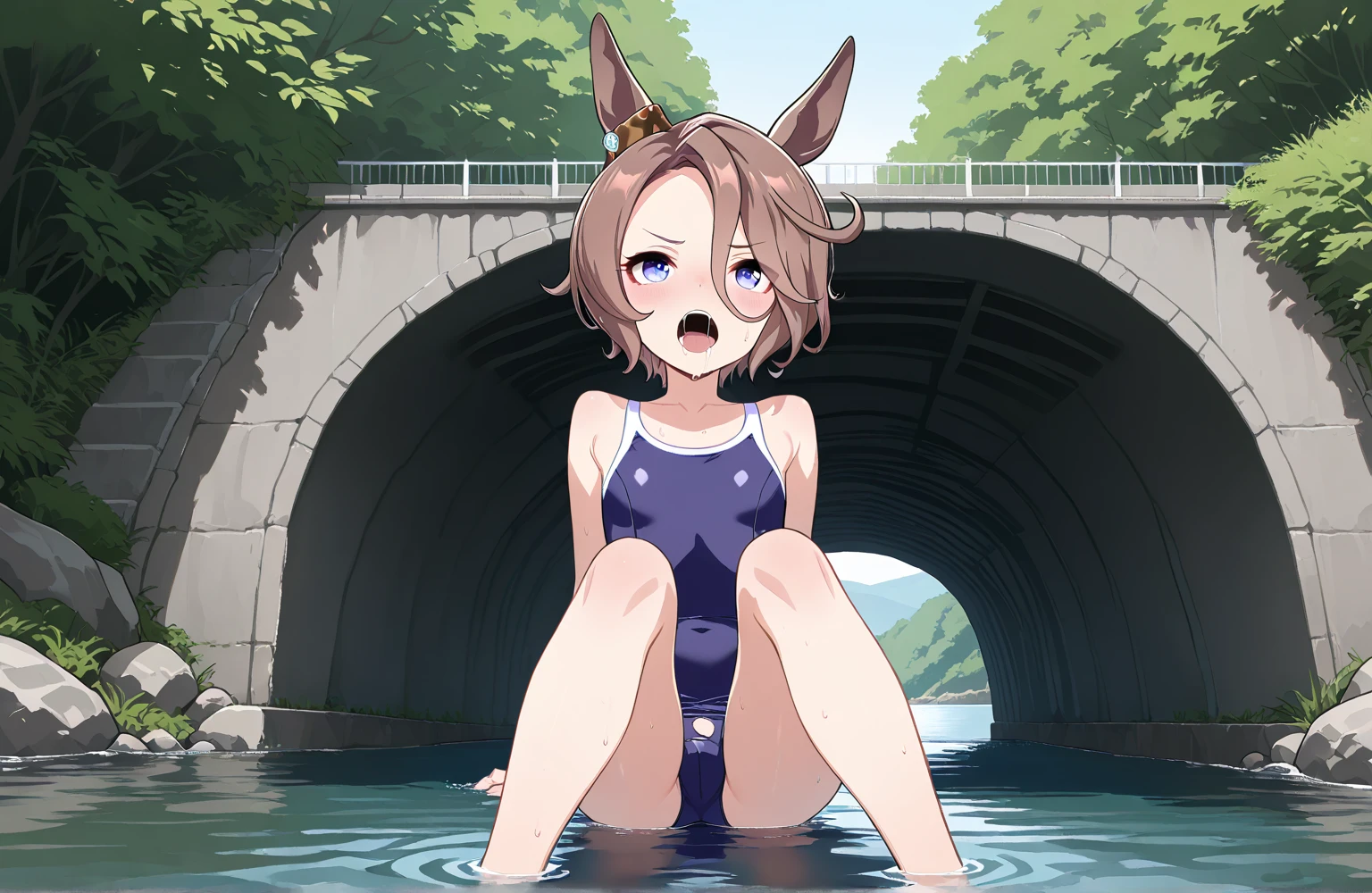 Cat Personification,Cat ears,Young Girl,A corner of the park,Naked,slender,Small breasts,Squatting and spreading your legs wide,NSFW,Naked with a dog collar,smile,Crowds around,Short Hair,Nyan Nyan Pose,During a walk,