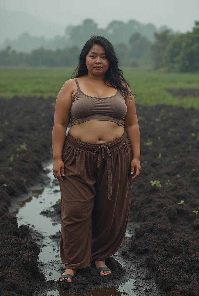 Create a realistic scene set in a narrow banana plantation during heavy rain at night.
This scene features a 20 year old Korean woman (quite overweight) walking through a banana plantation. He wrapped banana leaves as clothes,
messy wet hair, Bare foot. he looked a little disheveled but calm, with one hand raised to his head. The atmosphere seemed dark with only one light in the garden providing little illumination.