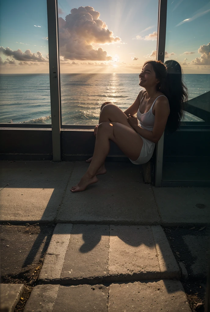 RAW PHOTO, her name is Dolores, high quality, 1 old woman, ((58-year-old slim filipina woman)), (((58 years old))), ((slim body)), ((wrinkled body)), (((old body))), (((long hair))), she is nude, POSE: kneeling, BREAK, BACKGROUND: indoor: beach behind window, white wooden walls, film grain ((realistic vagina))