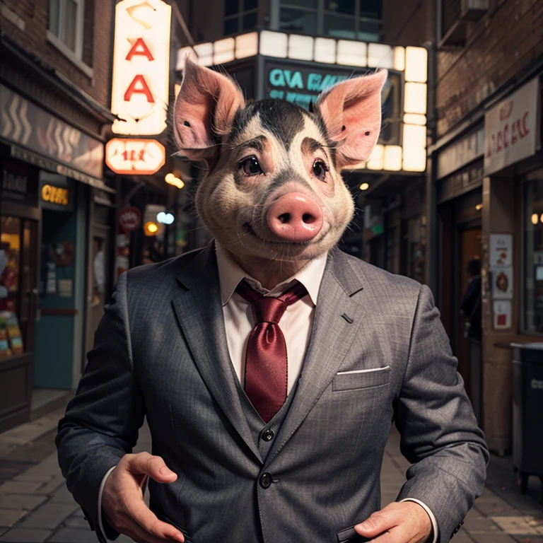 A humanoid pig in a realistic suit walking a realistic humanoid dog